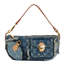 Vintage Patchwork Pouchy Shoulder Bag, Denim, Blue, VI0087 (2007), S, 3*